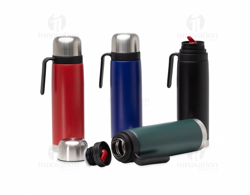 Garrafa térmica de inox de 1 litro, prata, com tampa, design clean e reflexo brilhante.