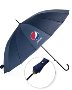 Guarda-chuva amarelo 3D com 16 varetas, abertura automática, cone de proteção e cabo preto. Imagem ilustrativa de um acessório para se proteger da chuva, com design funcional e tecnológico.