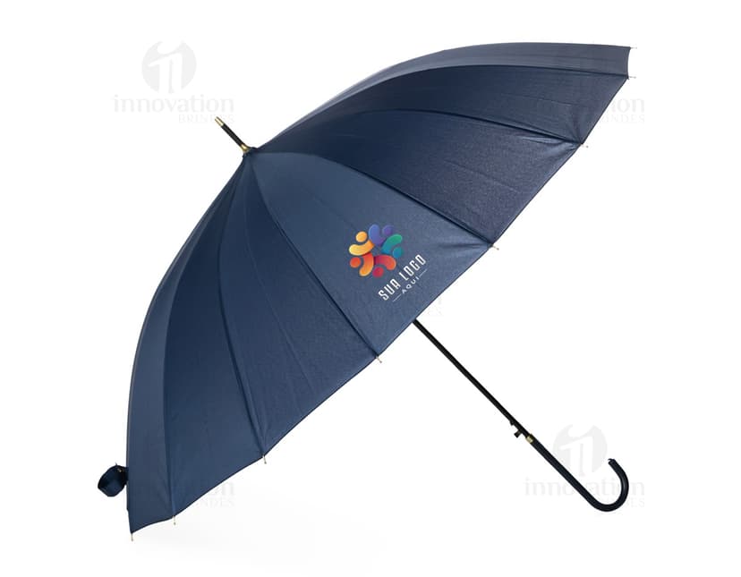 Guarda-chuva amarelo 3D com 16 varetas, abertura automática, cone de proteção e cabo preto. Imagem ilustrativa de um acessório para se proteger da chuva, com design funcional e tecnológico.