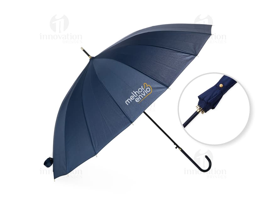 Guarda-chuva amarelo 3D com 16 varetas, abertura automática, cone de proteção e cabo preto. Imagem ilustrativa de um acessório para se proteger da chuva, com design funcional e tecnológico.