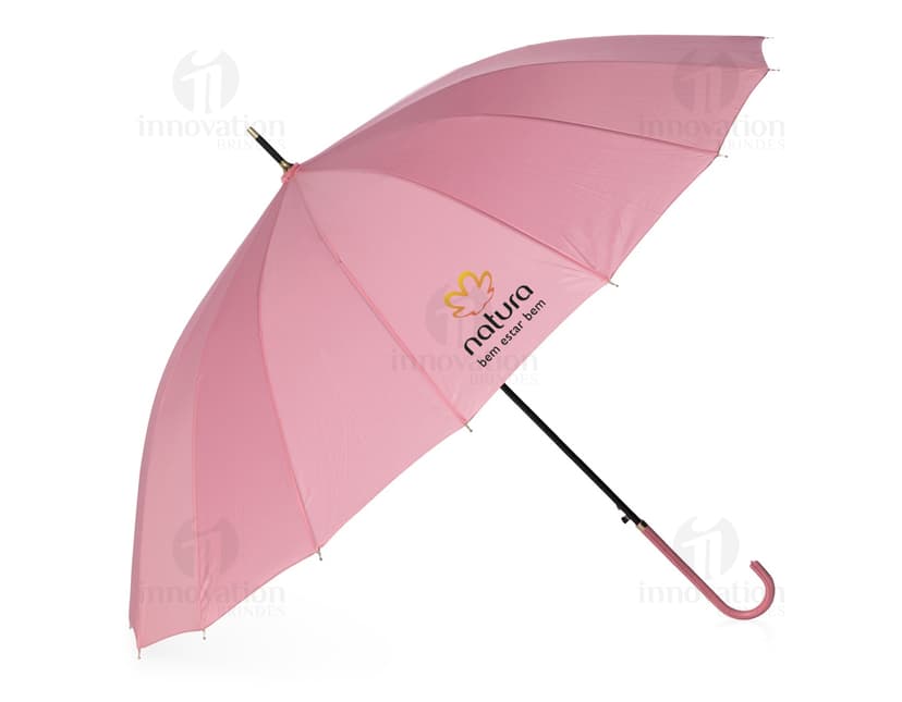 Guarda-chuva amarelo 3D com 16 varetas, abertura automática, cone de proteção e cabo preto. Imagem ilustrativa de um acessório para se proteger da chuva, com design funcional e tecnológico.