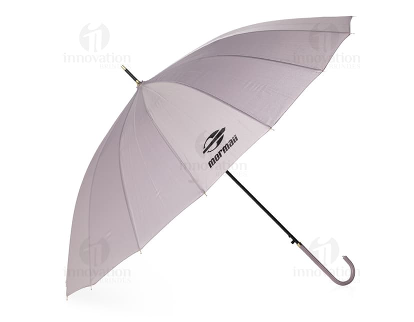 Guarda-chuva amarelo 3D com 16 varetas, abertura automática, cone de proteção e cabo preto. Imagem ilustrativa de um acessório para se proteger da chuva, com design funcional e tecnológico.