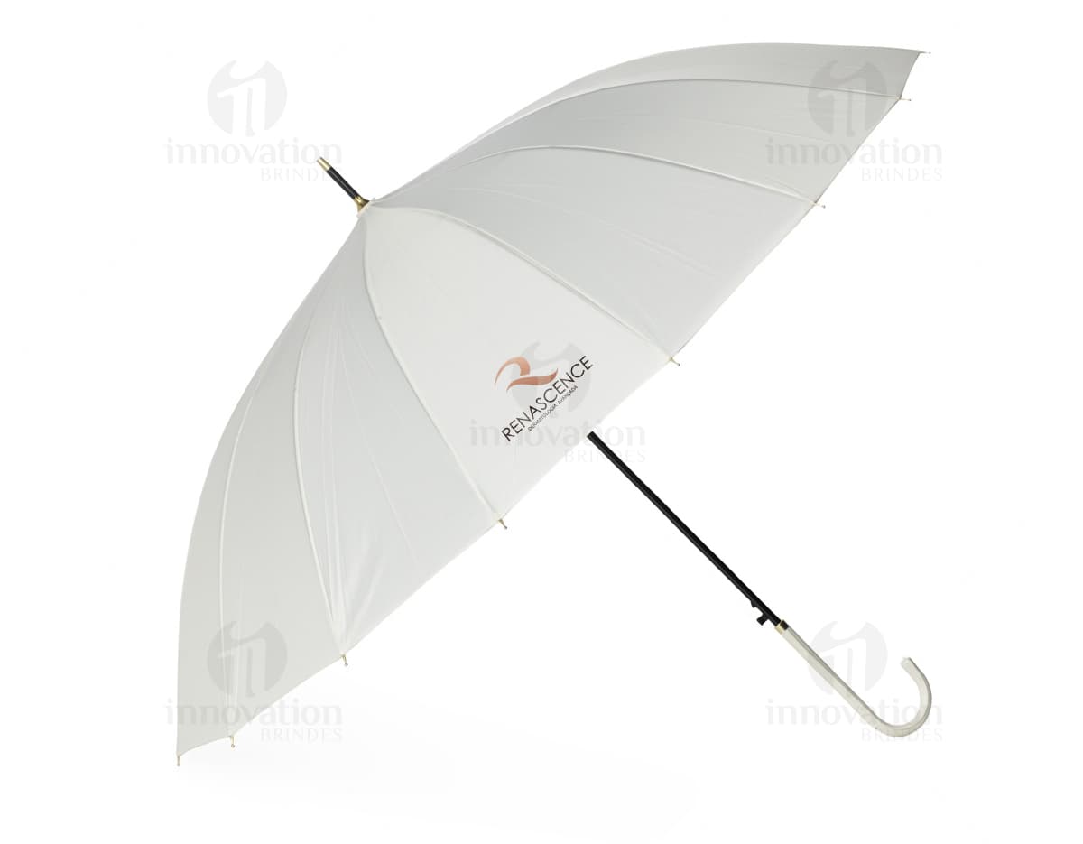 Guarda-chuva amarelo 3D com 16 varetas, abertura automática, cone de proteção e cabo preto. Imagem ilustrativa de um acessório para se proteger da chuva, com design funcional e tecnológico.