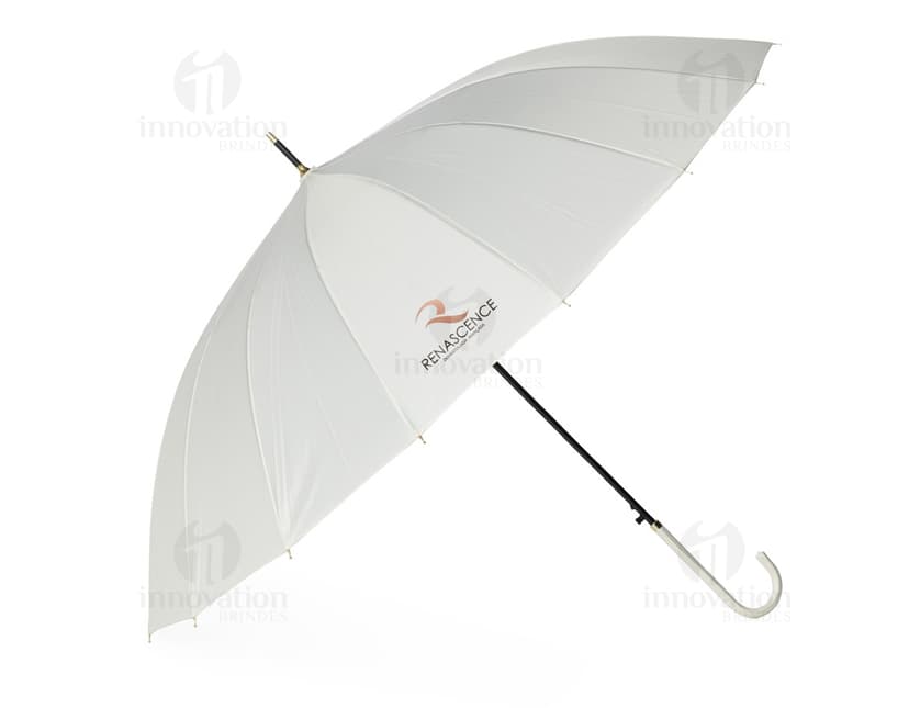 Guarda-chuva amarelo 3D com 16 varetas, abertura automática, cone de proteção e cabo preto. Imagem ilustrativa de um acessório para se proteger da chuva, com design funcional e tecnológico.