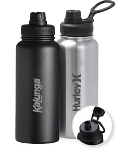 Garrafa térmica inox de 1 litro com alça plástica, ideal para armazenar líquidos de forma segura e manter a temperatura por mais tempo.