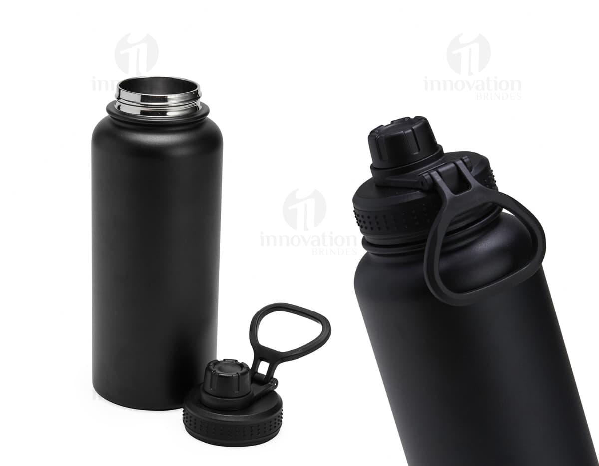 Garrafa térmica inox de 1 litro com alça plástica, ideal para armazenar líquidos de forma segura e manter a temperatura por mais tempo.