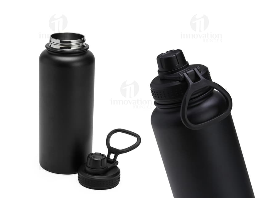 Garrafa térmica inox de 1 litro com alça plástica, ideal para armazenar líquidos de forma segura e manter a temperatura por mais tempo.