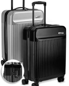 Mala de viagem ABS preta com design moderno, equipada com USB e carrinho. Ideal para transportar equipamentos e dispositivos tecnológicos.