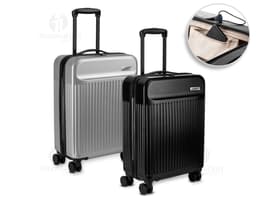 Mala de viagem ABS preta com design moderno, equipada com USB e carrinho. Ideal para transportar equipamentos e dispositivos