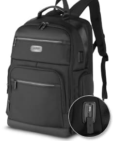 Mochila de poliéster premium para notebook, na cor preta, com alças de couro, zíper, bolsos, ideal para viagens, negócios e lazer.