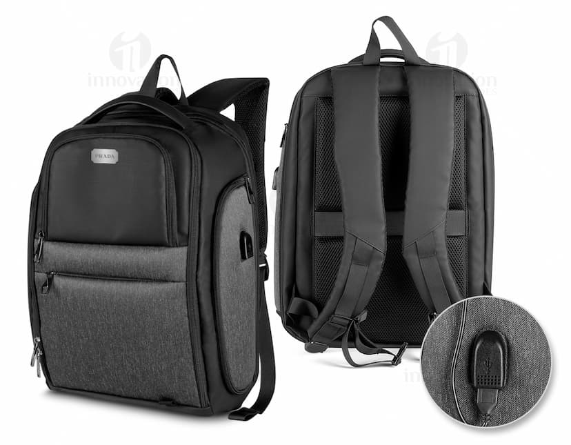 Mochila Premium para notebook com USB, possui fecho de metal, bolso em jeans, detalhes em couro, design vintage e botão de pressionar.