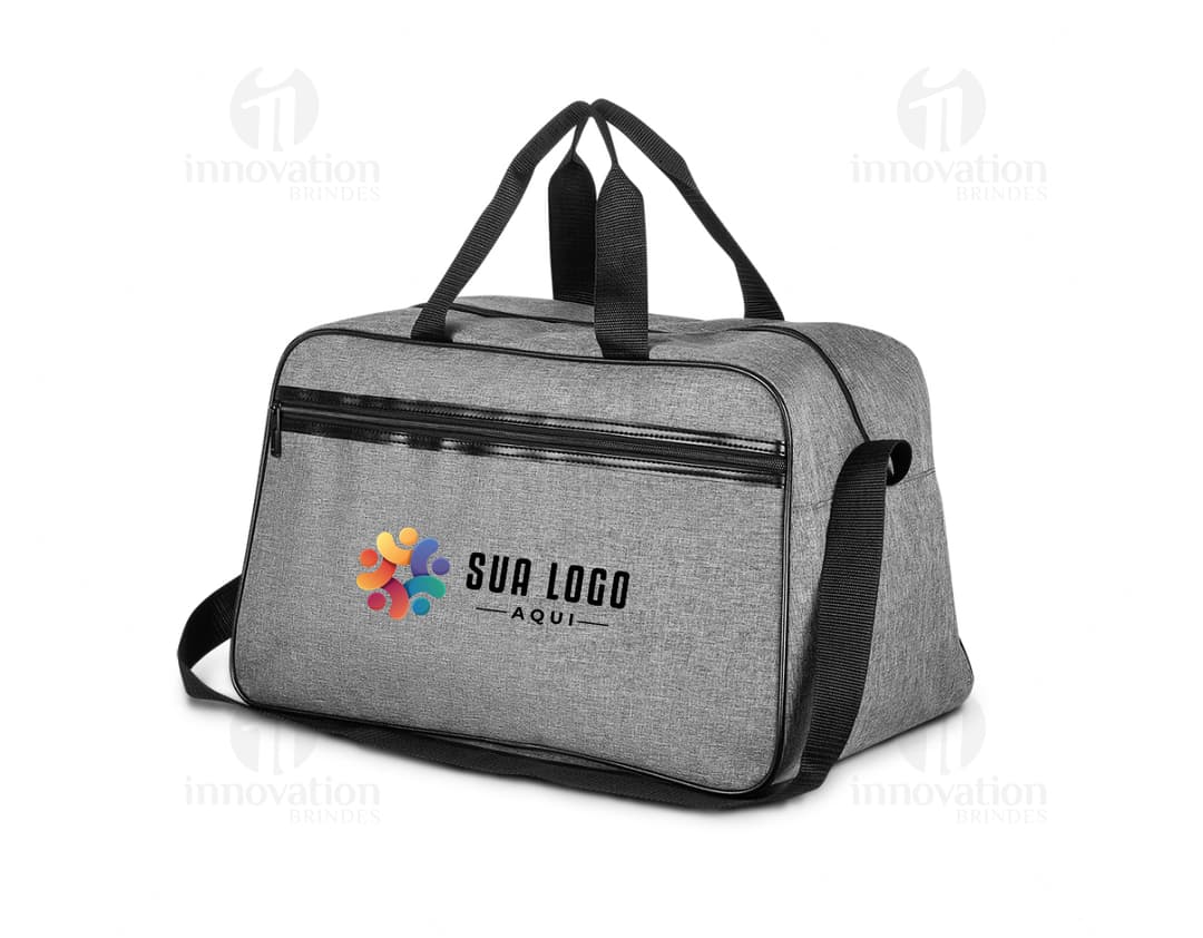 Mala desportiva de couro preto com bolso externo, alça de mão e alça de ombro, moderna e elegante, ideal para viagens e