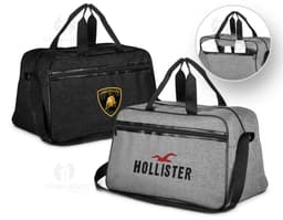 Mala desportiva de couro preto com bolso externo, alça de mão e alça de ombro, moderna e elegante, ideal para viagens e