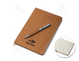 Recycled notebook and pen set on an office desk with a laptop, paper, book, pen, blank notes, diary, documents, notepad