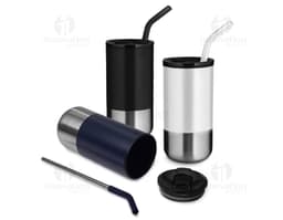 Copo de metal prateado vazio com tampa, reflexo brilhante, design moderno e limpo.