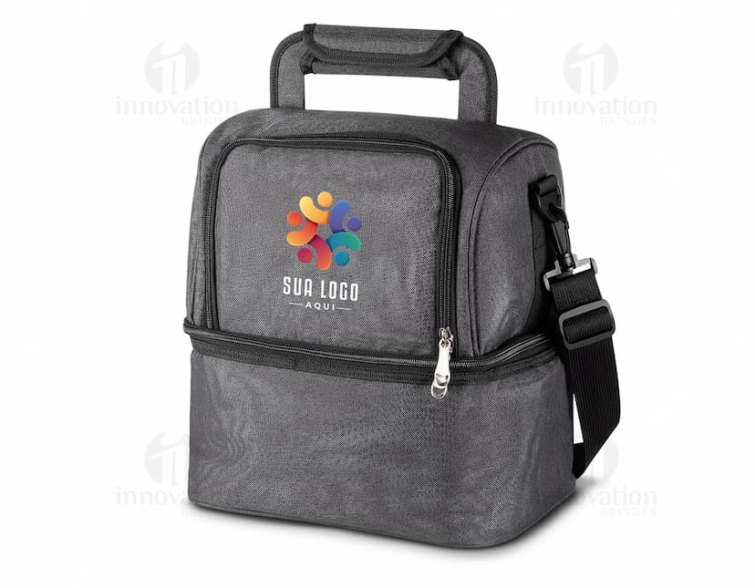 Bolsa térmica com 2 compartimentos em couro preto e metal, estilo moderno e elegante. Possui alça de couro, fecho de metal e detalhes em dourado. Ideal para manter alimentos ou bebidas na temperatura adequada.