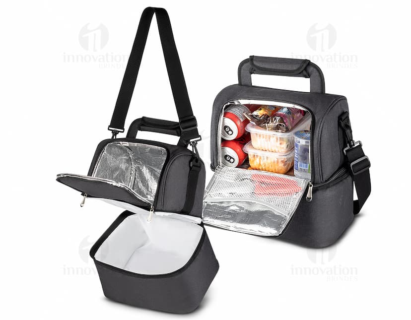 Bolsa térmica com 2 compartimentos em couro preto e metal, estilo moderno e elegante. Possui alça de couro, fecho de metal e detalhes em dourado. Ideal para manter alimentos ou bebidas na temperatura adequada.
