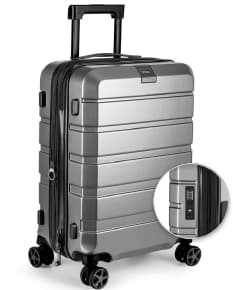 Mala de bordo de policarbonato com carrinho, feita de metal e plástico, moderna e resistente para viagens de negócios.