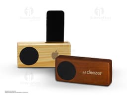 Amplificador sonoro para celular em material preto de couro e metal. O dispositivo possui um design moderno e compacto, ideal