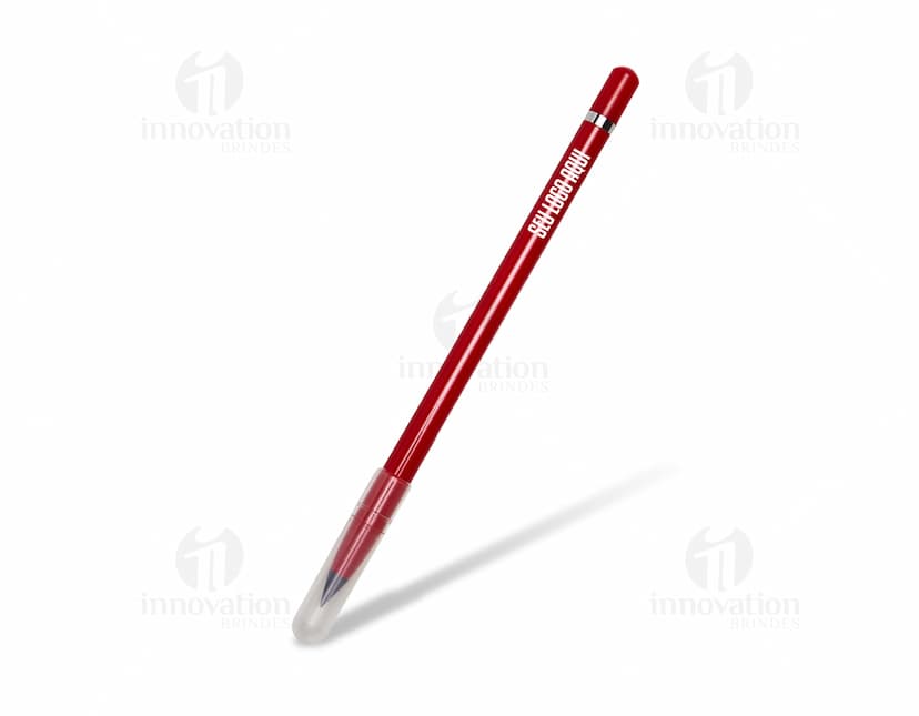 Lápis Infinito em um fundo colorido, com folhas de papel, canetas, marcadores e borrachas ao redor. A imagem também mostra um dispositivo de escrita e desenho, indicando criatividade e produtividade no ambiente de trabalho ou escolar.