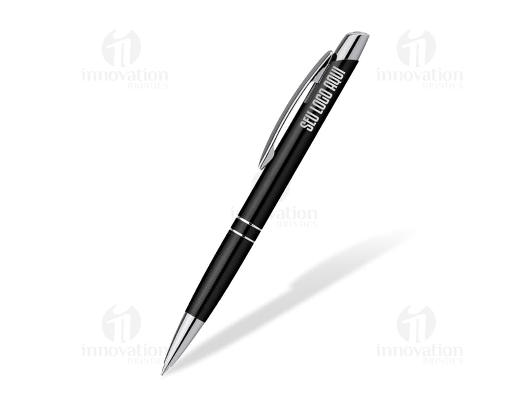 Esferográfica em alumínio azul com clipe, um utensílio de escrita de metal, ideal para uso escolar, escritório ou desenho.