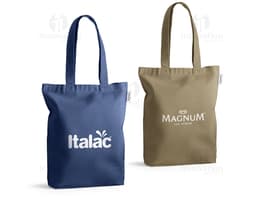 Sacola de algodão reciclado marrom, com alças de 62cm. Ideal para compras, presente ou acessório de moda. Design moderno e