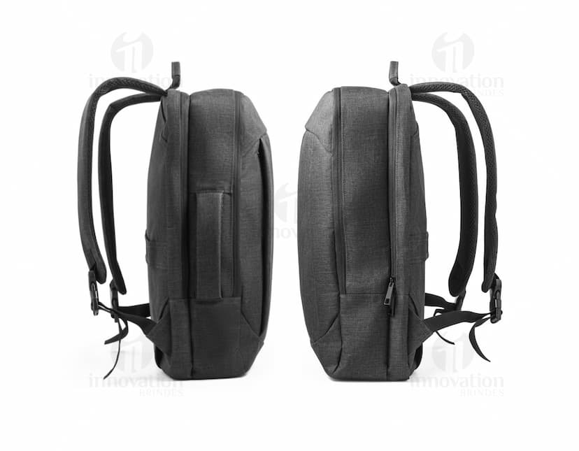 Mochila para notebook 15.6 de couro preto com fivela, alça de metal, fecho de correr e design moderno. Ideal para transporte de dispositivos eletrônicos e acessórios de escritório com estilo e proteção.