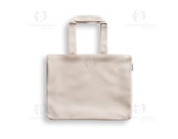 imagem de uma sacola de algodão reciclado 220g/m², com design moderno e elegante, na cor preta e prateada. O objeto está