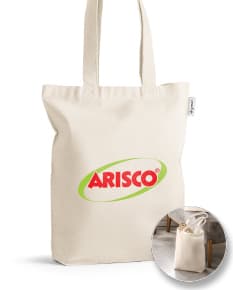 Sacola de algodão reciclado com alças, em tecido macio e resistente. Ideal para compras, design moderno e elegante, fabricado com material sustentável. Cor preta, estilo clean e fashion.