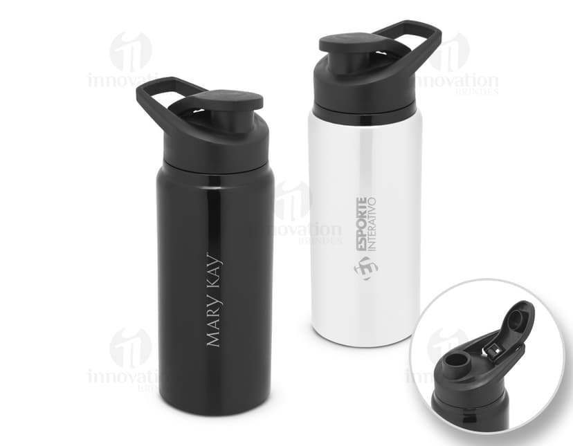 Bottle de alumínio 660ml com tampa flip, utilizado para armazenar líquidos. O objeto é de metal, de cor prata e possui um design clean e moderno.