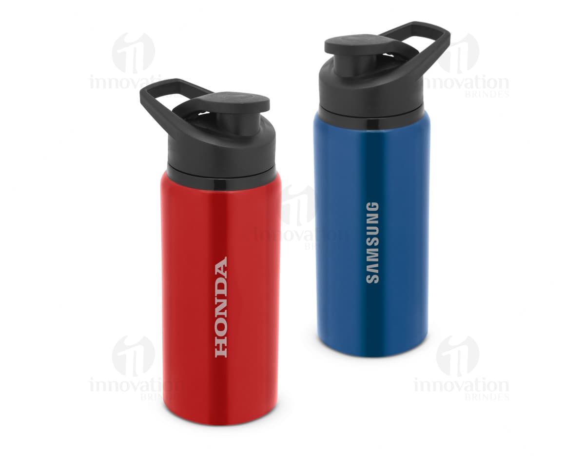 Bottle de alumínio 660ml com tampa flip, utilizado para armazenar líquidos. O objeto é de metal, de cor prata e possui um design clean e moderno.