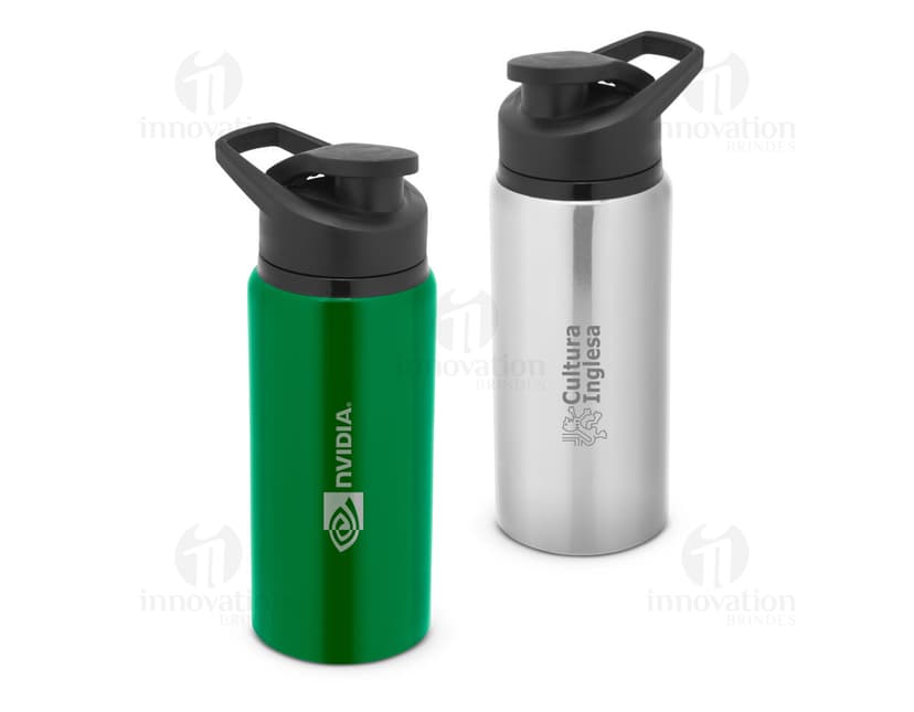 Bottle de alumínio 660ml com tampa flip, utilizado para armazenar líquidos. O objeto é de metal, de cor prata e possui um design clean e moderno.