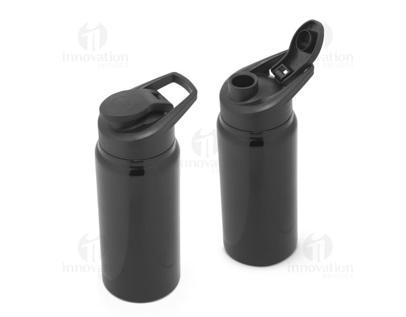Bottle de alumínio 660ml com tampa flip, utilizado para armazenar líquidos. O objeto é de metal, de cor prata e possui um design clean e moderno.