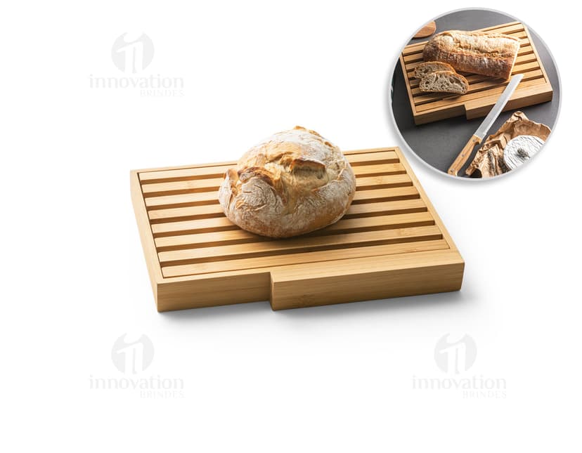 Tábua para pão com faca em madeira, ideal para cortar snacks e pães. Prático e decorativo, perfeito para servir deliciosas refeições.