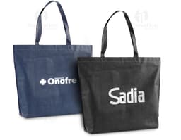 TOTE BAG 480 x 380 mm in light brown, made of durable paper, empty, with a rope handle, metal lock closure, and a yellow