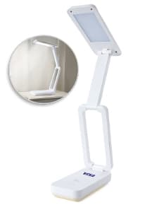 Luminária Retrátil preta e moderna, que lembra um celular. Contém botões e tela digital, feita de plástico e metal. Perfect para uso em casa, escritório ou indústria.