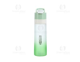 Squeeze bicolor 650ml c/ borrifador em plástico transparente, design elegante e curvo, contendo líquido perfumado. O objeto