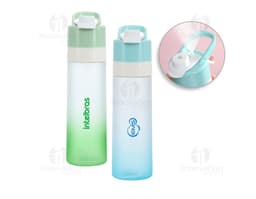 Squeeze bicolor 650ml c/ borrifador em plástico transparente, design elegante e curvo, contendo líquido perfumado. O objeto