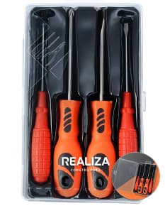 Kit ferramenta 4 peças com estojo contendo diversas ferramentas como chave de fenda, chave de boca, alicate e martelo, ideais para reparos domésticos e construção. As ferramentas são fabricadas em aço e plástico, proporcionando durabilidade e praticidade na hora do uso.