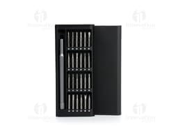25-piece tool kit with a black case, containing technology equipment such as a laptop, server, and desktop computer. The case