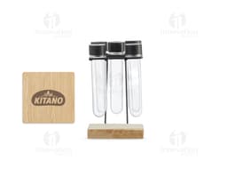 Kit Porta Temperos em vidro transparente com tampa de metal e diversos recipientes para armazenar condimentos. Inclui garrafa
