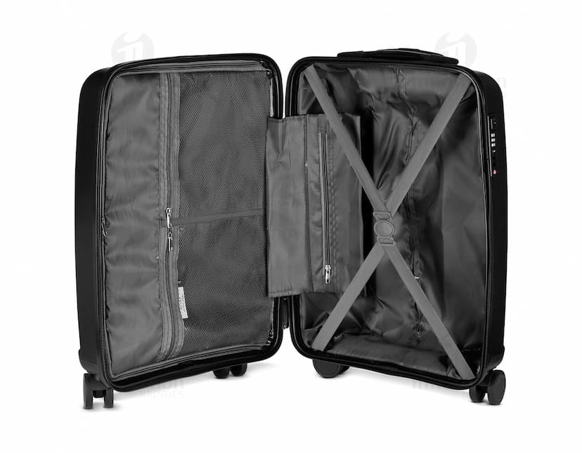 Mala de bordo feita de couro marrom antigo, com quatro rodas 360 graus. O design é vintage e retro, com detalhes em metal preto. A mala está aberta e vazia, com um bolso interno e alça de couro. Ideal para viagens de negócios ou lazer, oferecendo estilo clássico e moderno ao mesmo tempo.