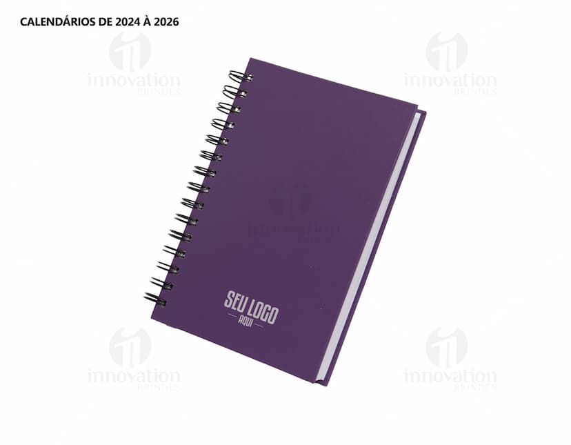 Agenda 2025 Cromato prata com design moderno e espaço para escrever notas, feita de metal resistente. Ao fundo, um campo de golfe e um notebook aberto com driver e roteador.