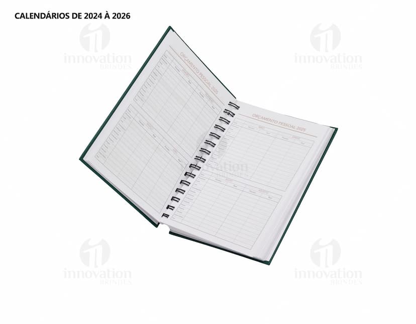 Agenda 2025 Cromato prata com design moderno e espaço para escrever notas, feita de metal resistente. Ao fundo, um campo de golfe e um notebook aberto com driver e roteador.