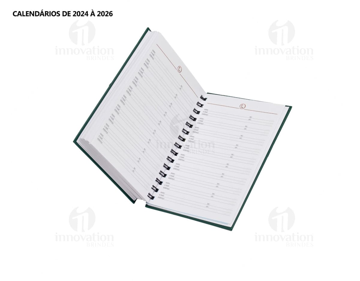 Agenda 2025 Cromato prata com design moderno e espaço para escrever notas, feita de metal resistente. Ao fundo, um campo de golfe e um notebook aberto com driver e roteador.