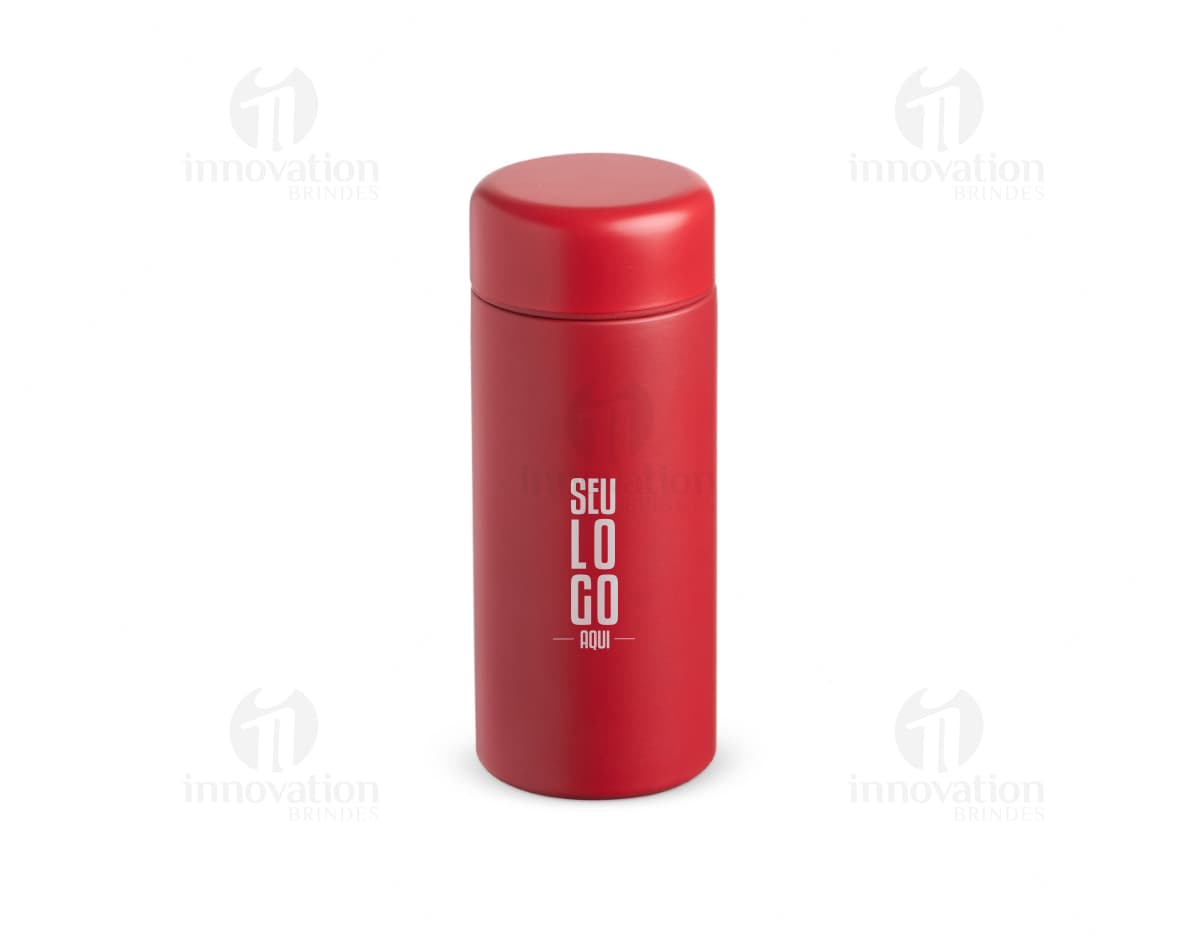 Garrafa térmica 200ml com design moderno e colorido em metal e plástico, perfeita para manter a temperatura de líquidos. Ideal para cuidados de higiene e beleza, contendo diversos produtos de cosméticos e higiene pessoal.