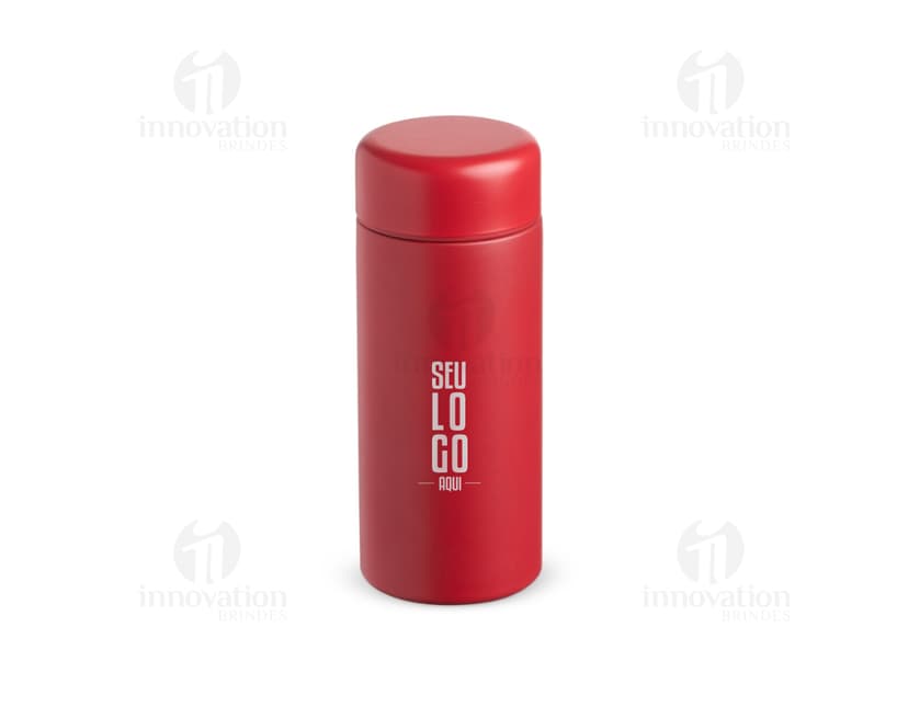 Garrafa térmica 200ml com design moderno e colorido em metal e plástico, perfeita para manter a temperatura de líquidos. Ideal para cuidados de higiene e beleza, contendo diversos produtos de cosméticos e higiene pessoal.