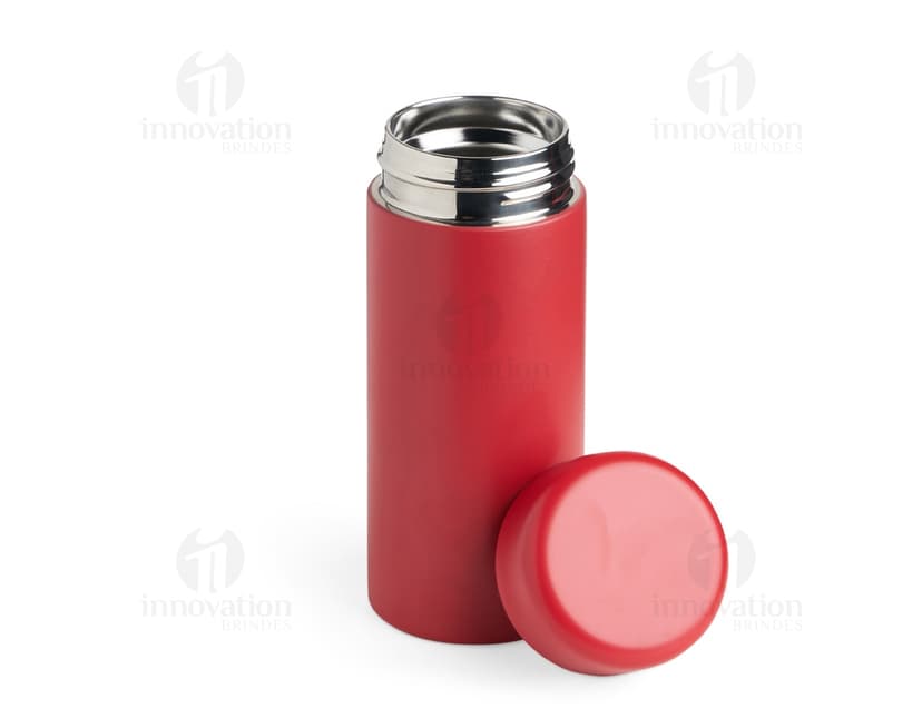 Garrafa térmica 200ml com design moderno e colorido em metal e plástico, perfeita para manter a temperatura de líquidos. Ideal para cuidados de higiene e beleza, contendo diversos produtos de cosméticos e higiene pessoal.