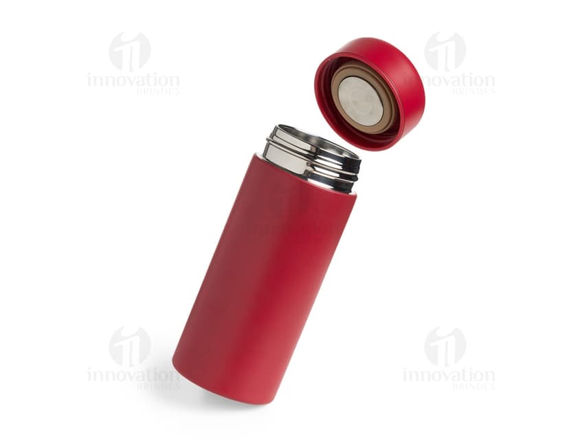 Garrafa térmica 200ml com design moderno e colorido em metal e plástico, perfeita para manter a temperatura de líquidos. Ideal para cuidados de higiene e beleza, contendo diversos produtos de cosméticos e higiene pessoal.