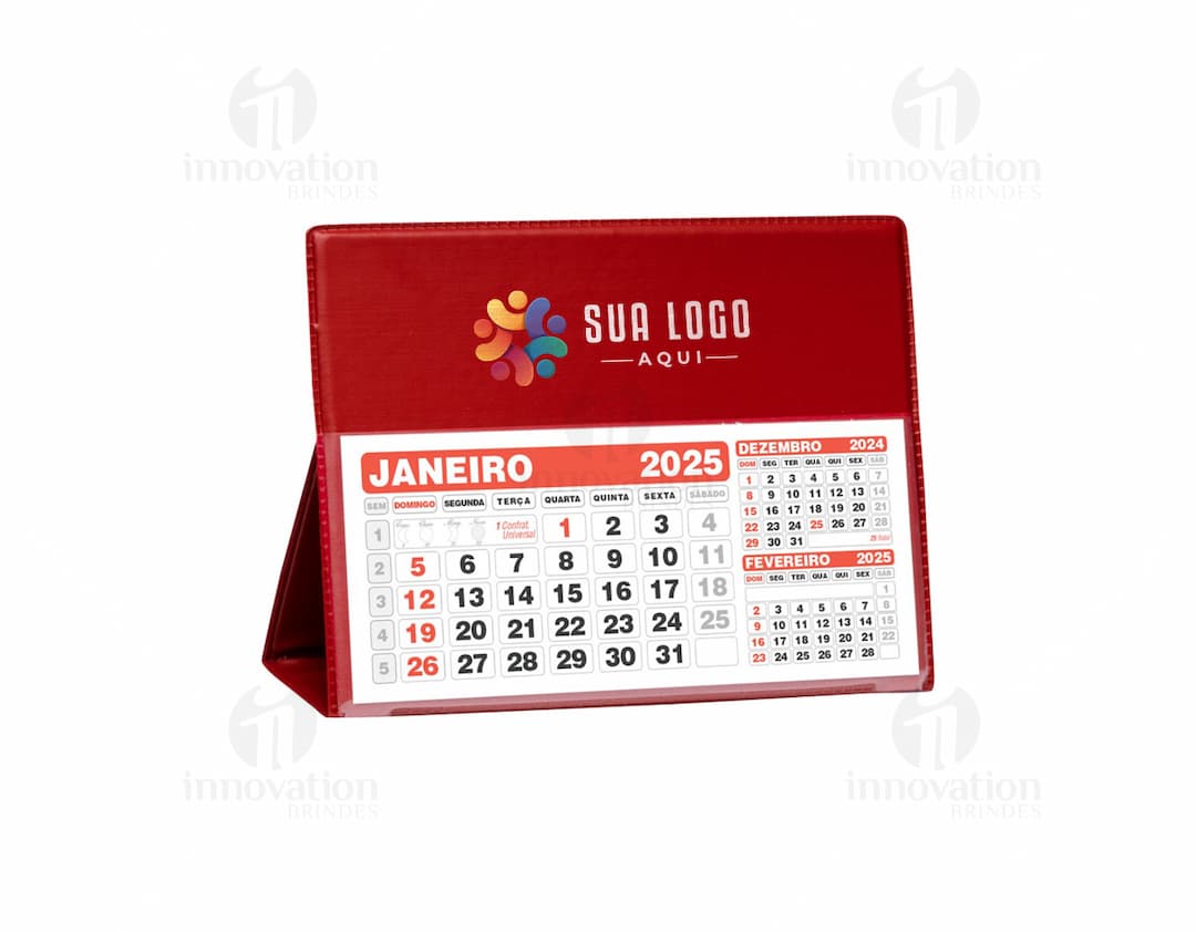 Calendário de mesa pequeno contendo informações corporativas, datas e planos para o ano. Design moderno e criativo com elementos de business e finance. Estilo clean e organizado, ideal para uso em escritórios e ambientes de trabalho.